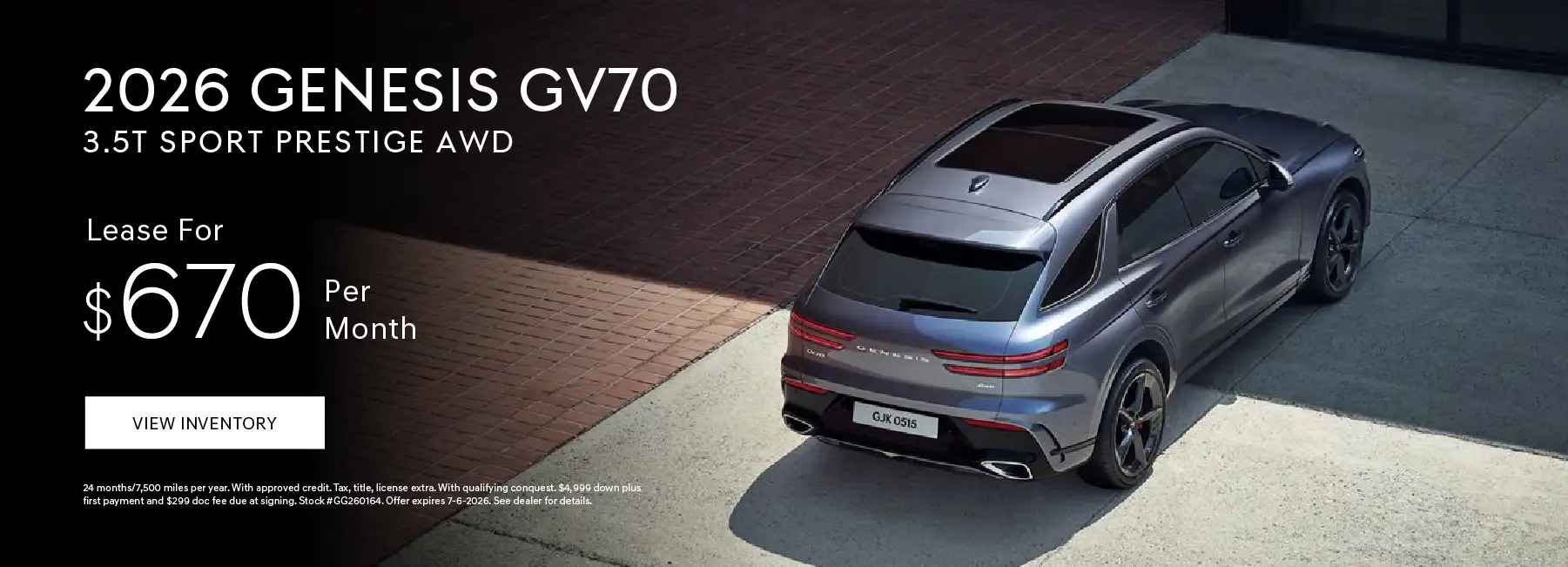 2026 GENESIS GV70 3.5T SPORT PRESTIGE AWD Lease for $670 per month - 24 months/7,500 miles per year