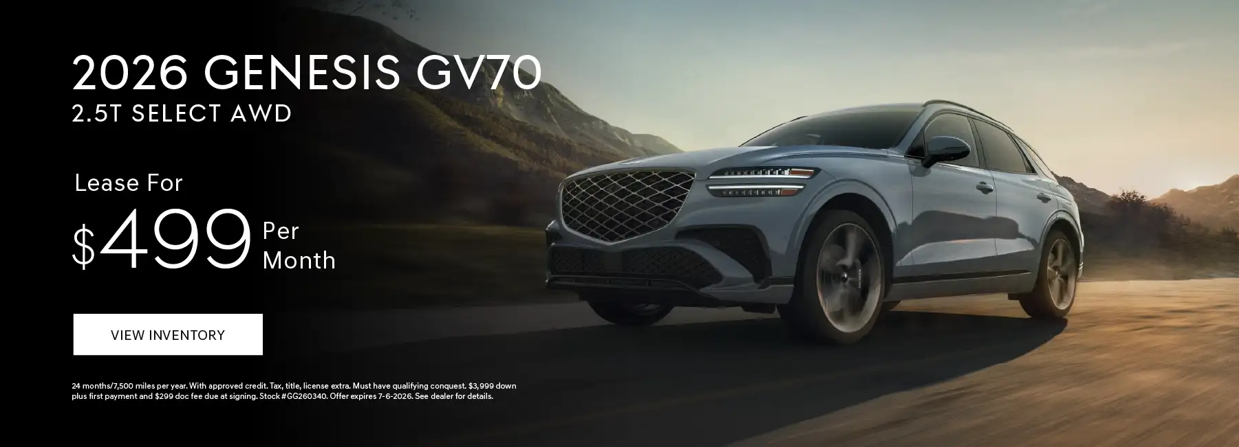 2026 GENESIS GV70 2.5T SELECT AWD Lease for $499 per month - 24 months/7,500 miles per year