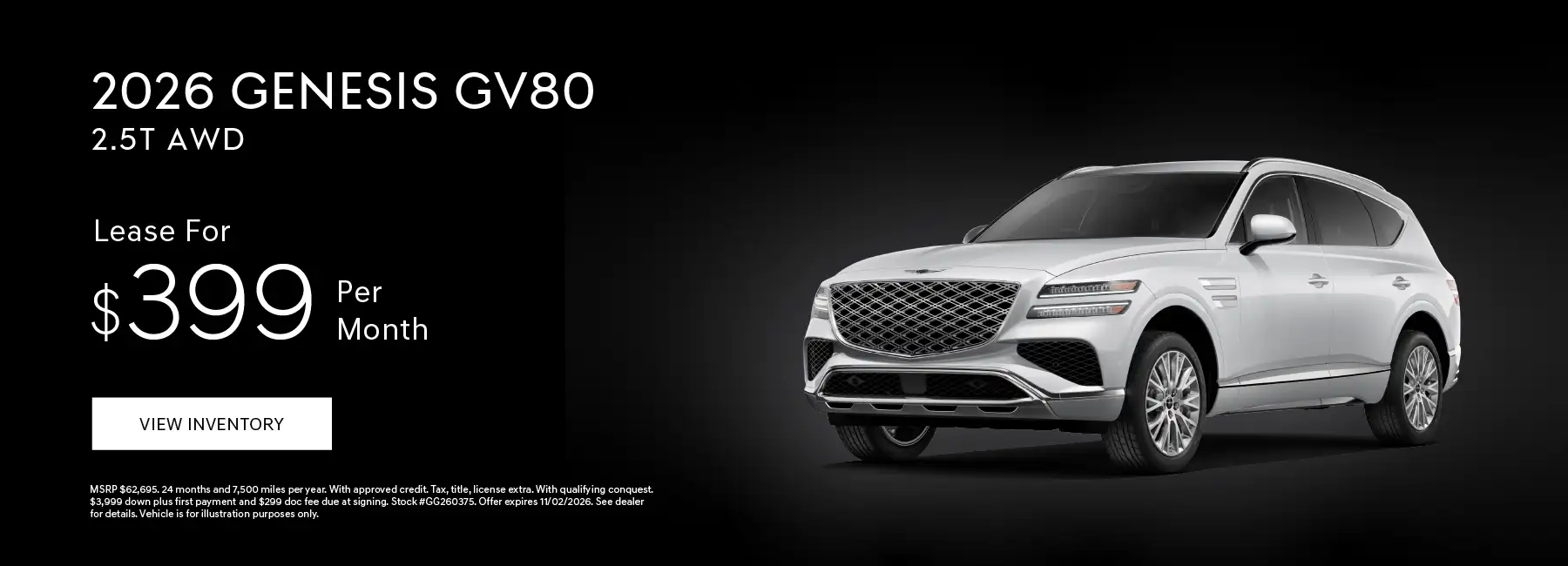 2026 Genesis GV80 2.5T AWD #GG260375 - Lease for $399 Per Month – 24 Months and 7,500 Miles Per Year*