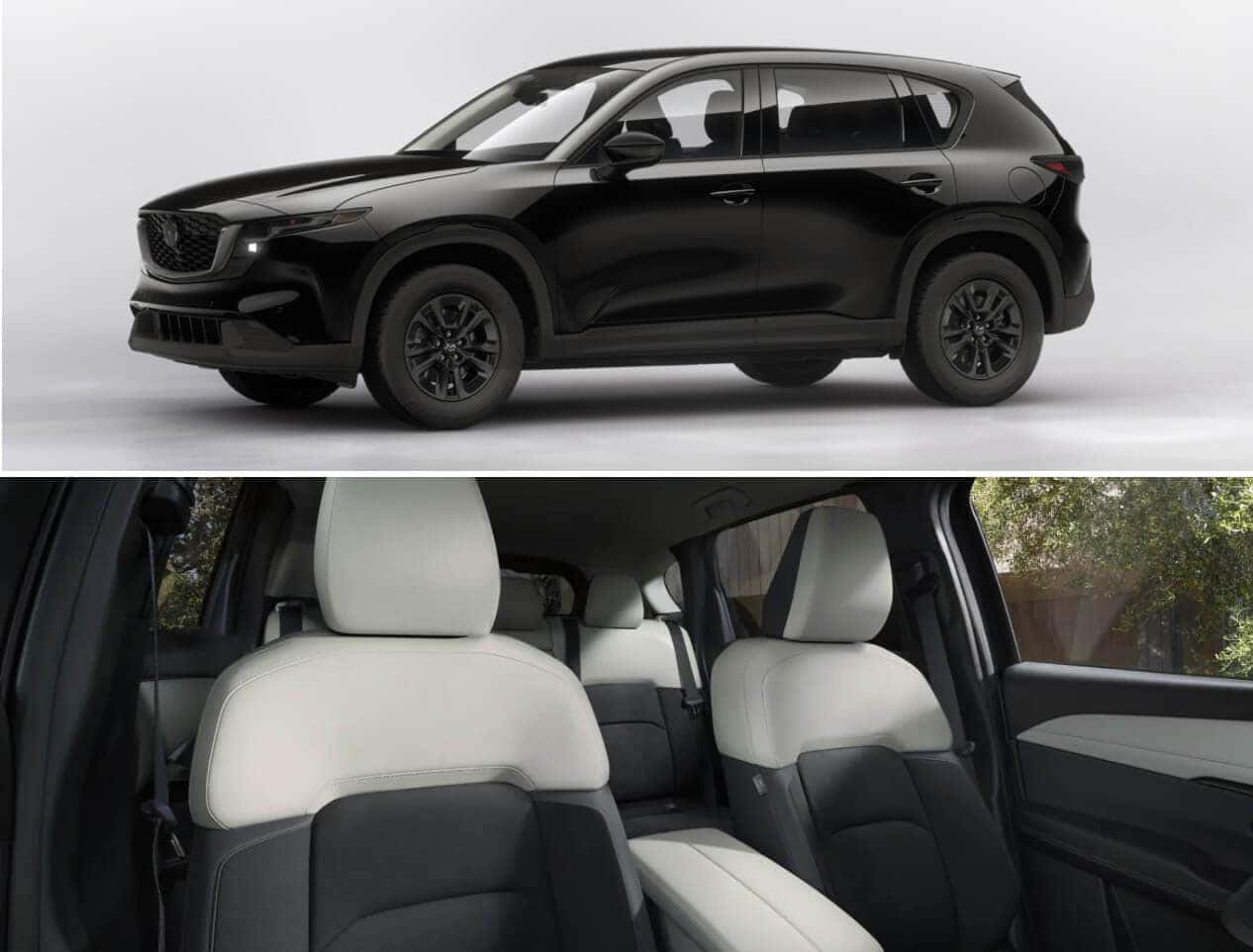 A side view of a gray Mazda CX-5 S on a white studio background. An interior view of leatherette-trimmed upholstery.