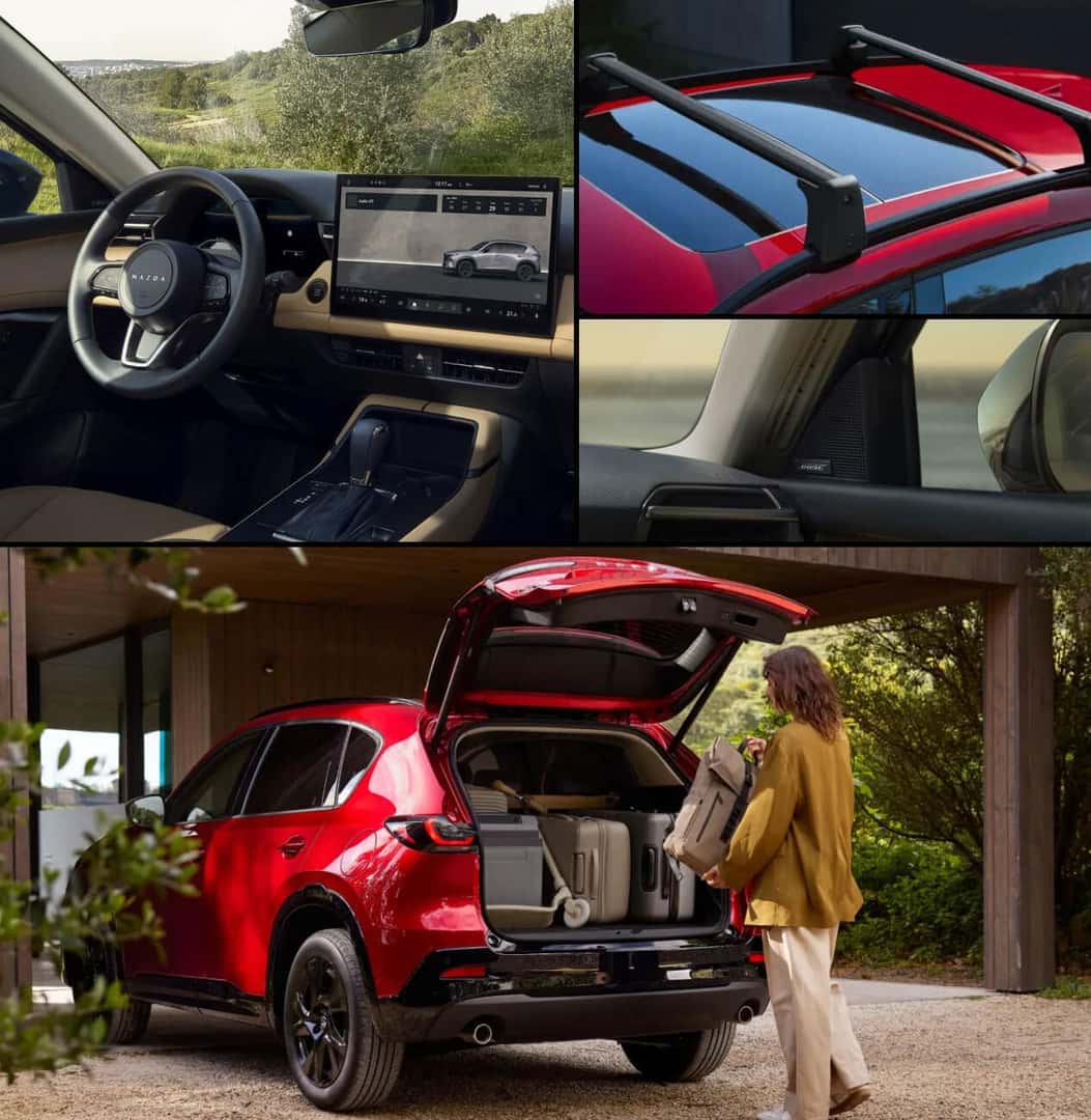 An interior view of S Preferred cockpit. A close-up of a CX-5 roof rack. A a woman loading groceries into an open CX-5 tailgate.