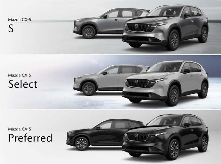 Isolated images of 2026 Mazda CX-5 S in Machine Gray, Select in Aero Gray and Preferred in Jet Black.