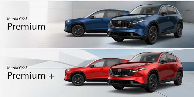 Isolated images of 2026 Mazda CX-5 Premium in Navy Blue and Premium Plus in Soul Red Crystal Metallic.