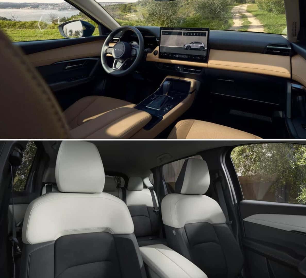Interior detail shot of the Mazda CX-5 cockpit a reverse shot of the interior space from the front seat perspective.