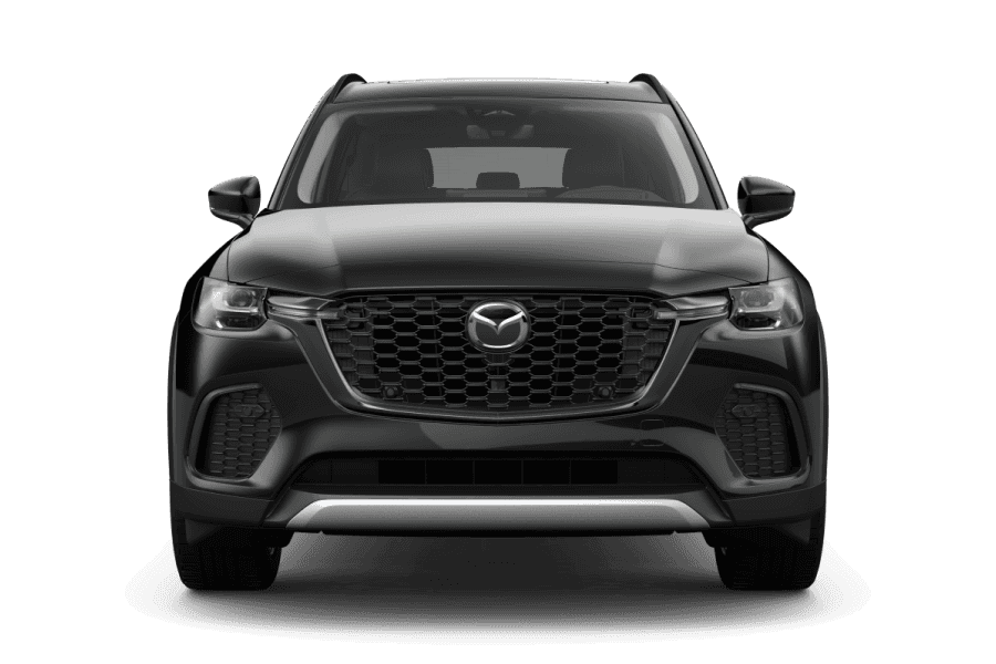 Front view studio shot of a black 2026 Mazda CX-70 Premium on a white background.