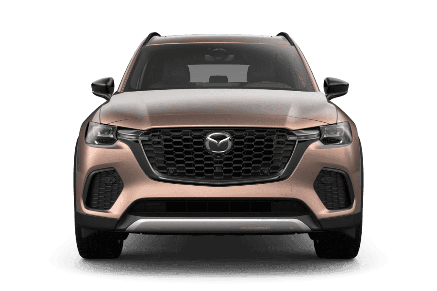 Front view studio shot of a copper 2026 Mazda CX-70 Premium Plus on a white background.