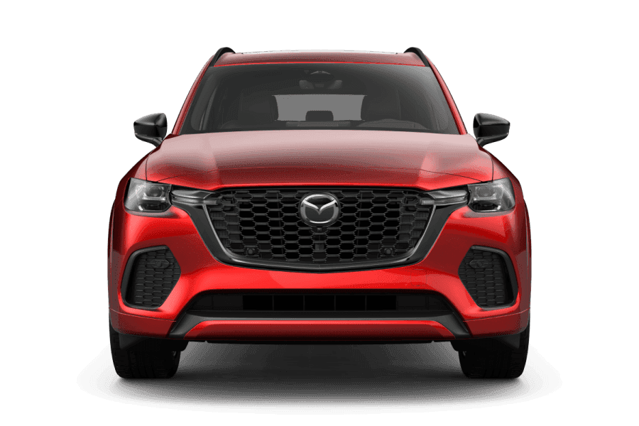 Front view studio shot of a red 2026 Mazda CX-70 S Premium on a white background.