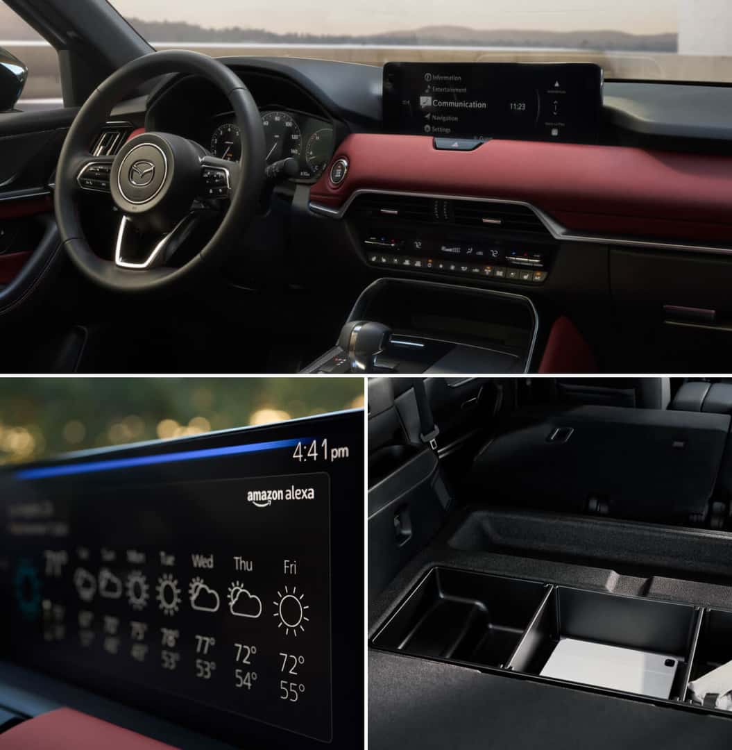 Split interior view of a 2026 Mazda CX-70 showing the red dashboard, touchscreen, and cargo storage.