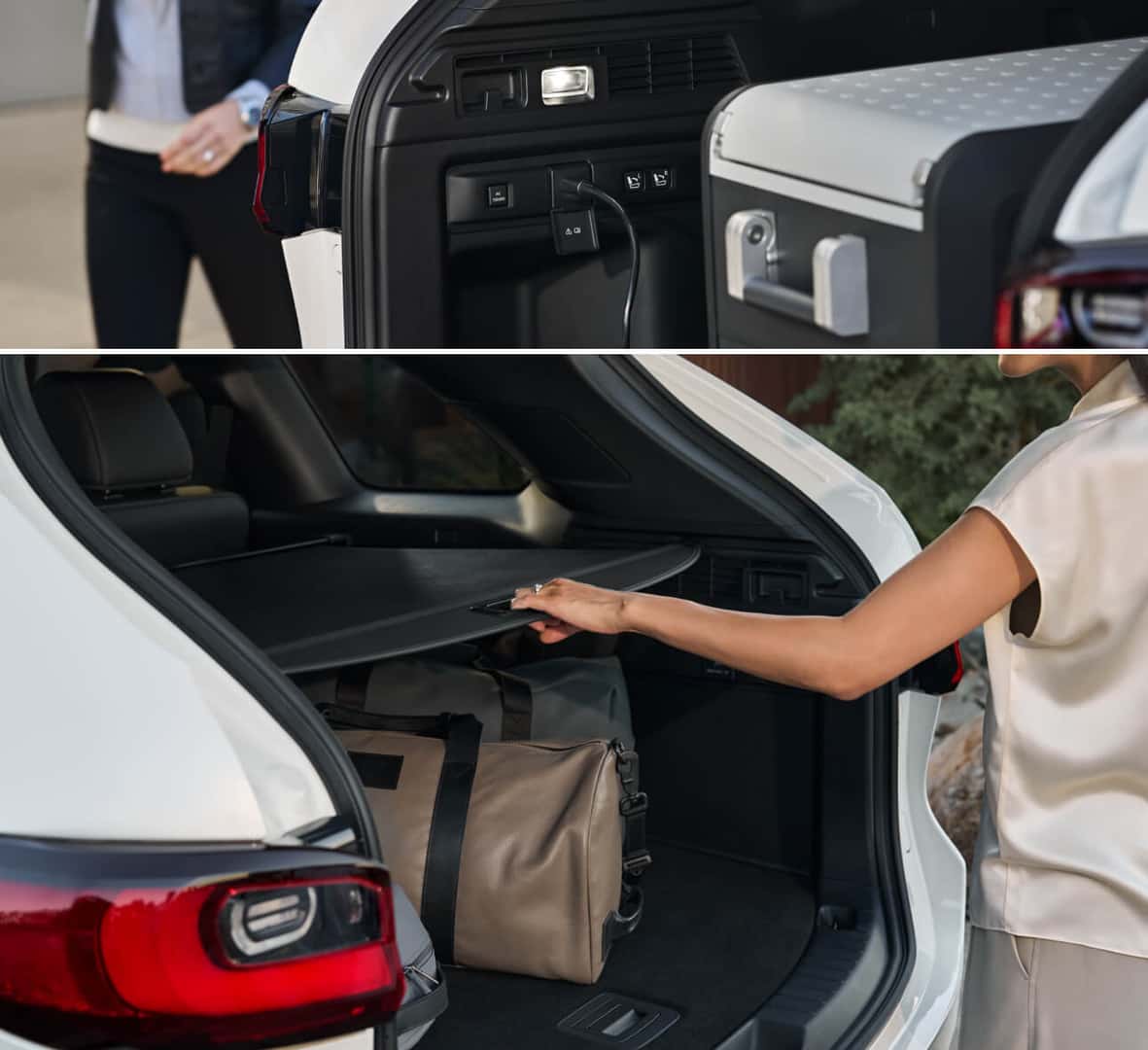 Split view of a white 2026 Mazda CX-70 rear cargo area with a power outlet and retractable cover.