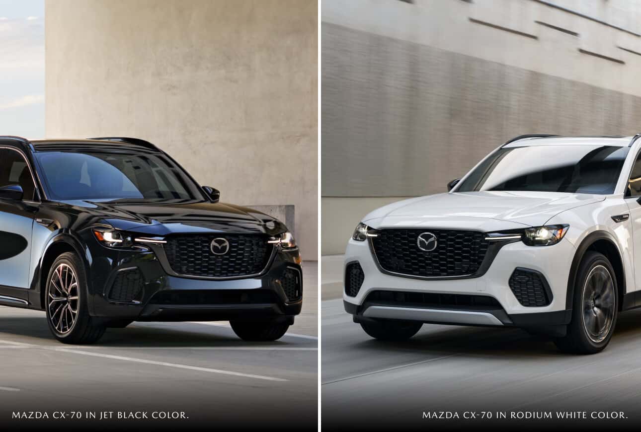 Mazda CX-70 in Jet Black color and Mazda CX-70 in Rodium White color shown.