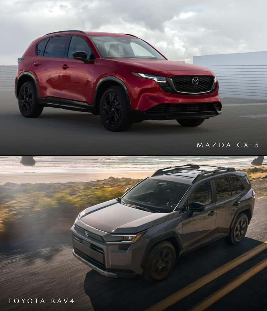 Red Mazda CX-5 and gray Toyota RAV4 shown driving in separate outdoor scenes.