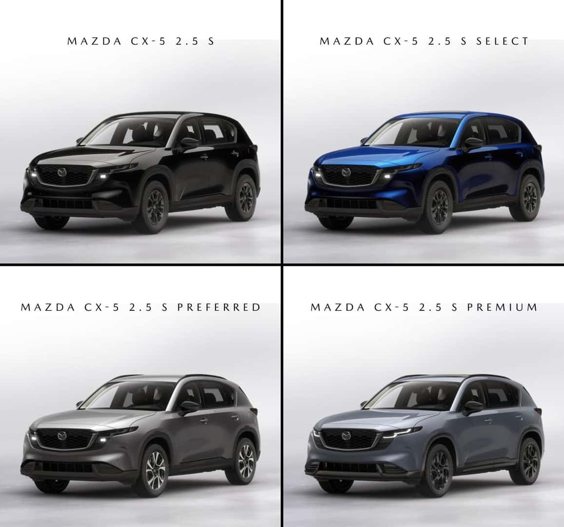 Four Mazda CX-5 trims shown in black, blue, silver, and gray, including 2.5 S, Select, Preferred, and Premium models.