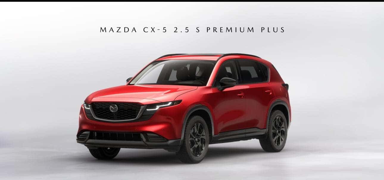 Red Mazda CX-5 2.5 S Premium Plus shown from a front three-quarter angle.