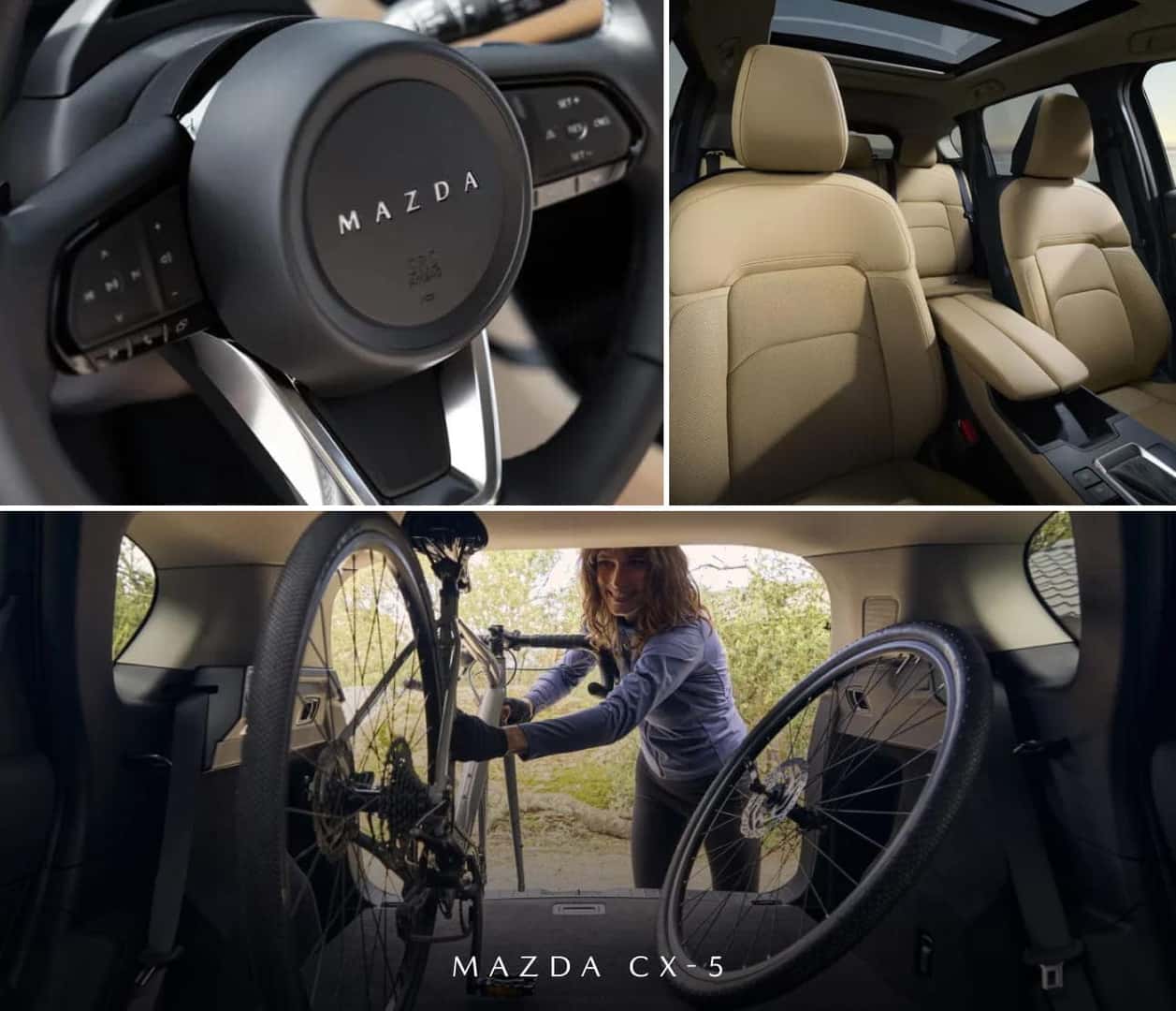 Mazda CX-5 interior details showing the steering wheel, beige seating with panoramic sunroof, and cargo area.