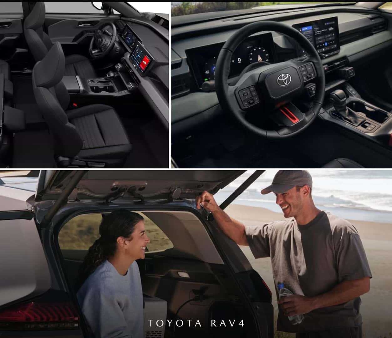 Toyota RAV4 interior details showing the seating, driver cockpit with infotainment display, and rear cargo area.