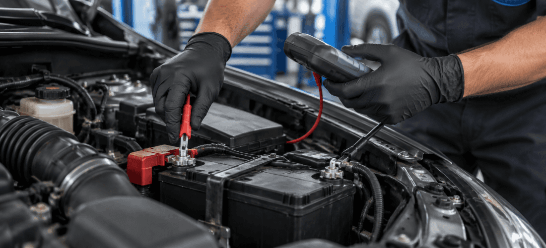 Technician testing a vehicle battery