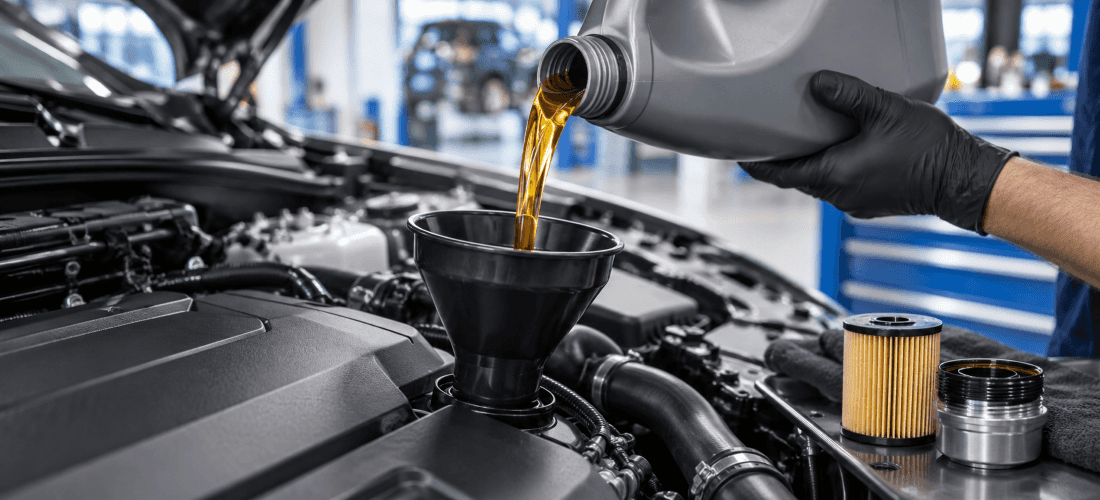Fresh engine oil being added during an oil and filter service
