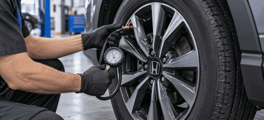 Technician checking tire pressure during a tire inspection