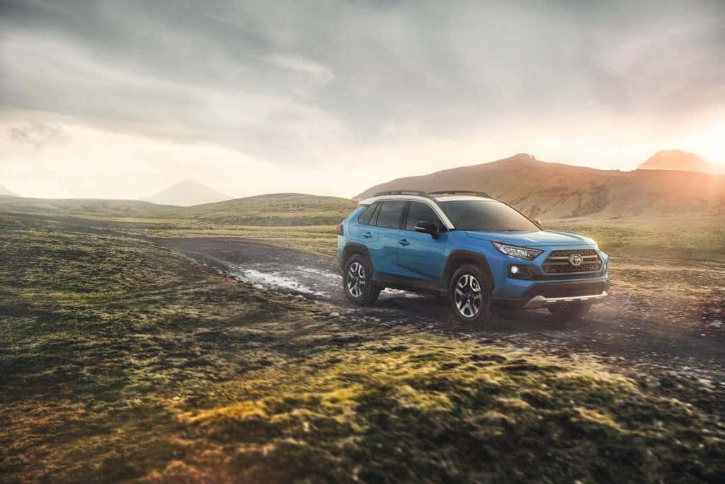 Blue 2019 RAV4 driving through the highlands