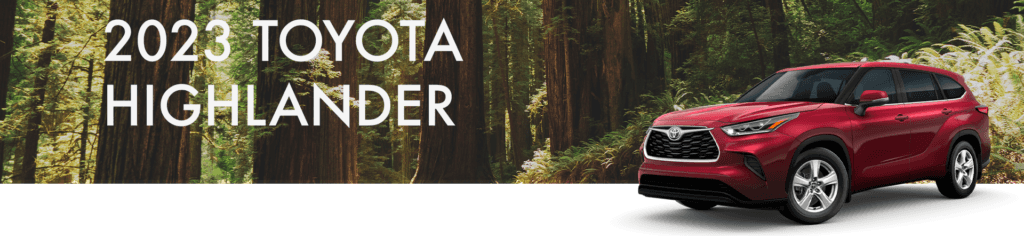 2023 Toyota Highlander at Lancaster Toyota in East Petersburg, PA | Red 2023 Toyota Highlander with a background photo of a forest and title in white reading '2023 Toyota Highlander'