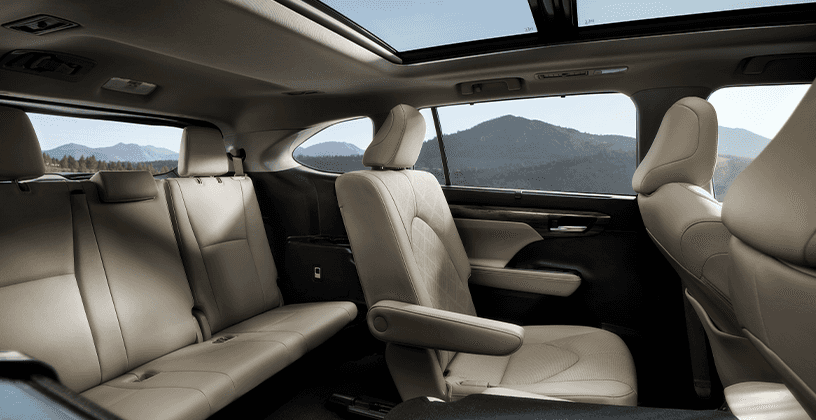 2023 Toyota Highlander at Lancaster Toyota in East Petersburg, PA | Rear seat view of the 2023 Toyota Highlander with tan interior