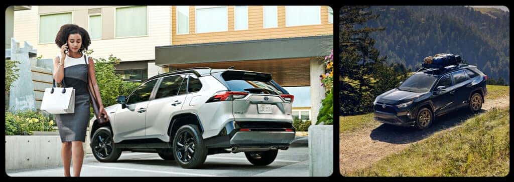 2025 Toyota RAV4, Hybrid, PHEV at Lancaster Toyota in East Petersburg, PA | woman walking away from her parked 2025 RAV4 / Black color 2025 Toyota RAV4 woodland edition driving off-road