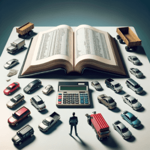 An image that visually represents the process of calculating Section 179 vehicle deductions, featuring elements like a calculator, a notepad with calculations, and representations of vehicles.