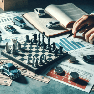 An image that visualizes the concept of strategic planning in the context of Section 179 deductions, featuring symbolic elements like a chessboard with miniature vehicles, a calendar, and a financial graph.