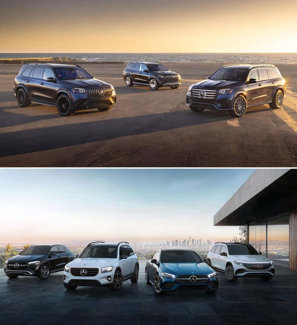 Split image of several Mercedes-Benz sedans and SUVs parked in an oceanfront lot and a scenic driveway with a city view backdrop.