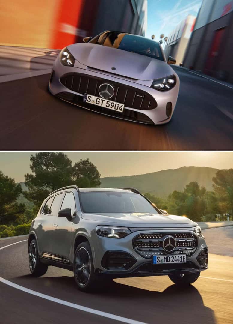 Split image of a Mercedes AMG GT 4-Door Coupe driving down an alleyway and a Mercedes EQB driving on a scenic highway.