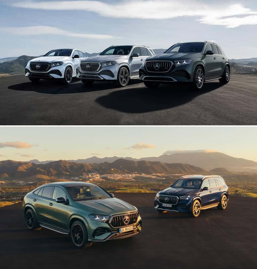 Split image of Mercedes AMG GLE, GLE Coupe and GLS models parked in desert and mountain settings.