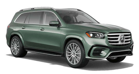Front three-quarter view of a green Mercedes-Benz GLS SUV.