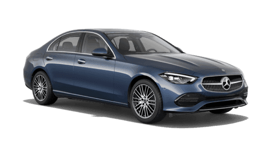 2026 Mercedes-Benz C 300 4MATIC Sedan in Twilight Blue Metallic, front three-quarter studio view.