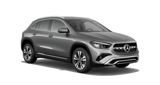 2026 Mercedes-Benz GLA 250 4MATIC in Mountain Grey metallic, front three-quarter studio view.