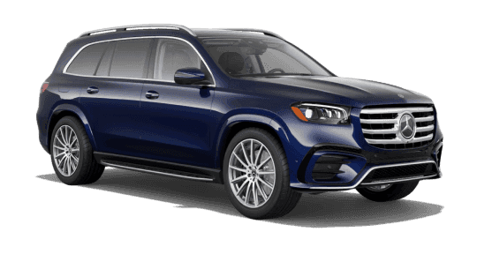 2026 Mercedes-Benz GLS 580 4MATIC in MANUFAKTUR Mystic Blue metallic, front three-quarter studio view.