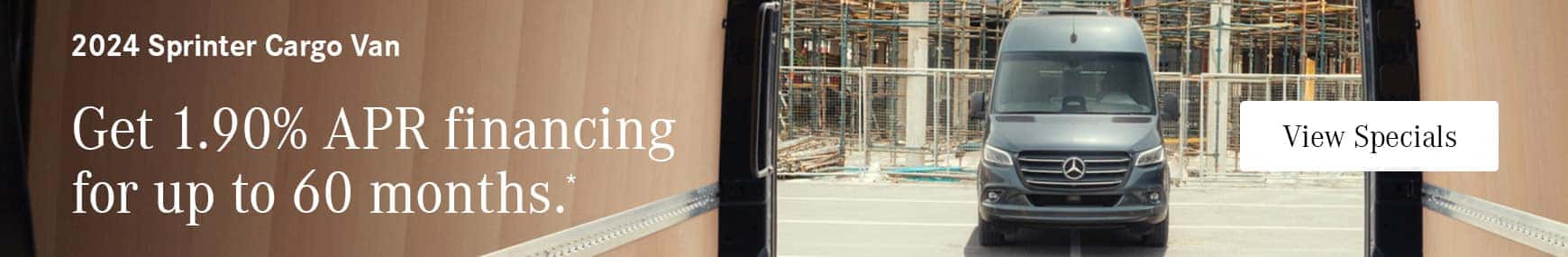 For a limited time, take advantage of 1.90% APR financing on select new 2024 Mercedes-Benz Sprinter Vans. Offer valid through April 30, 2025.