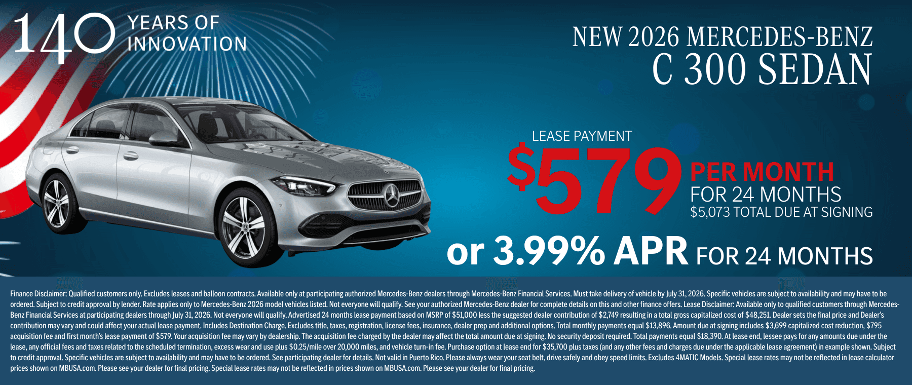 New 2026 Mercedes-Benz C 300 Sedan lease offer at $579 per month or 3.99% APR for 24 months