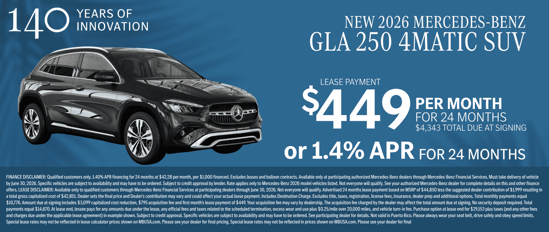 2026 GLA 250 $449 for 24 months