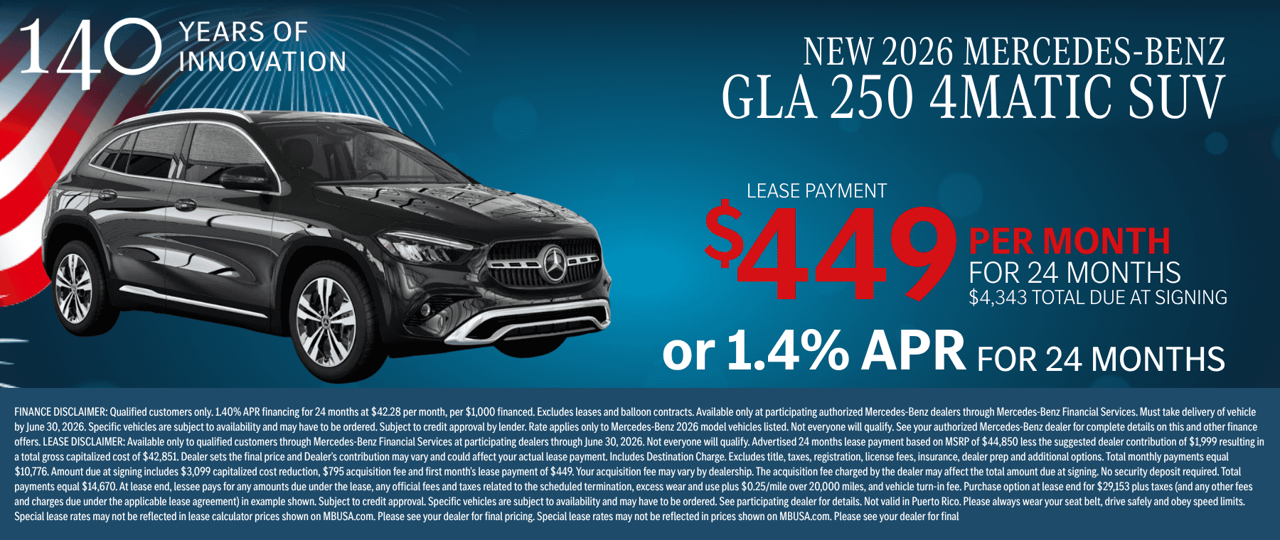 2026 GLA 250 $449 for 24 months