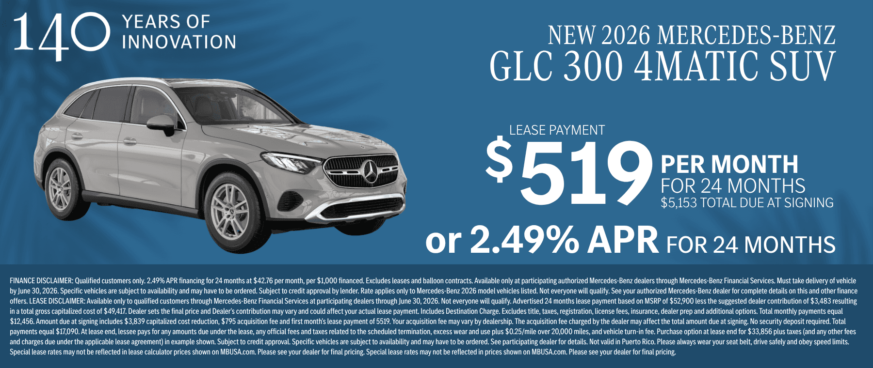 2026 GLC 300 $519 for 24 months