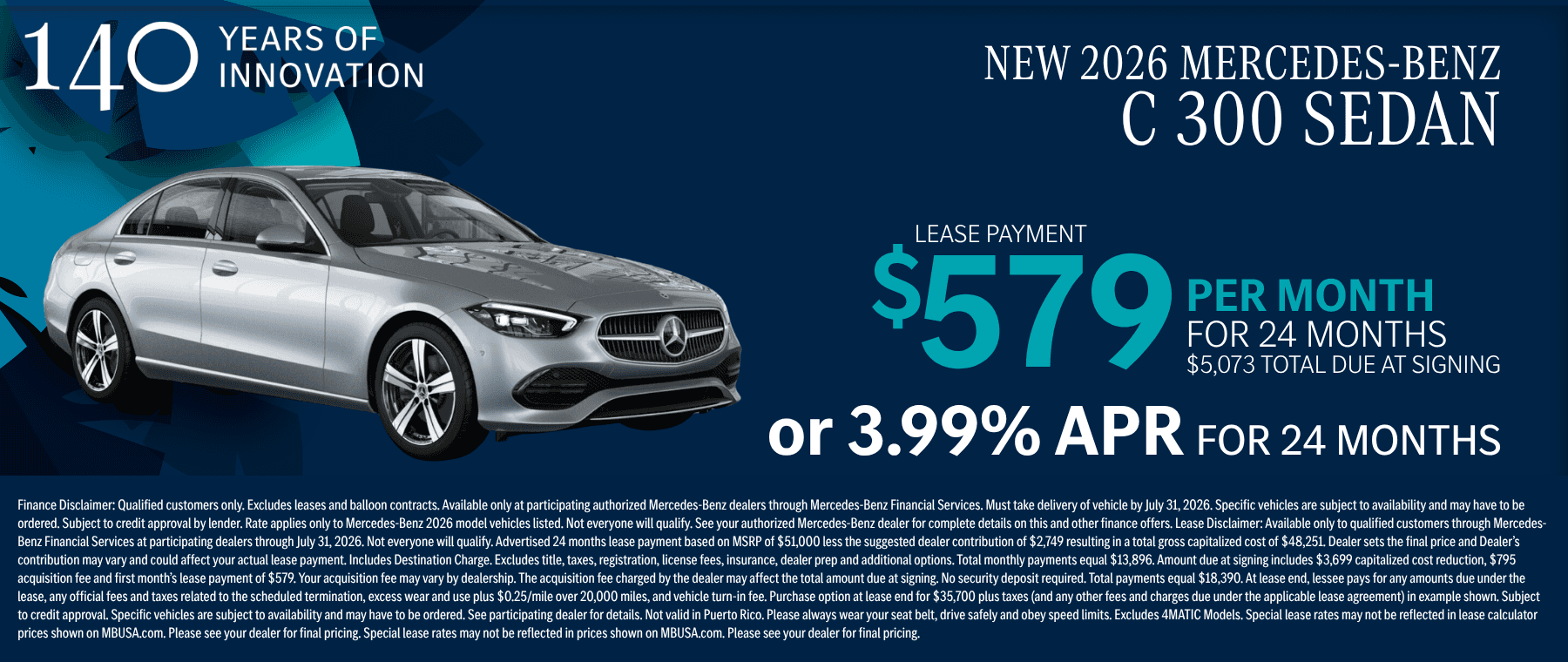 New 2026 Mercedes-Benz C 300 Sedan lease offer at $579 per month or 3.99% APR for 24 months