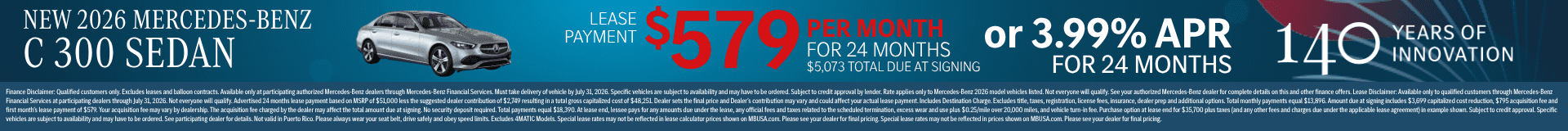 New 2026 Mercedes-Benz C 300 Sedan lease offer at $579 per month or 3.99% APR for 24 months
