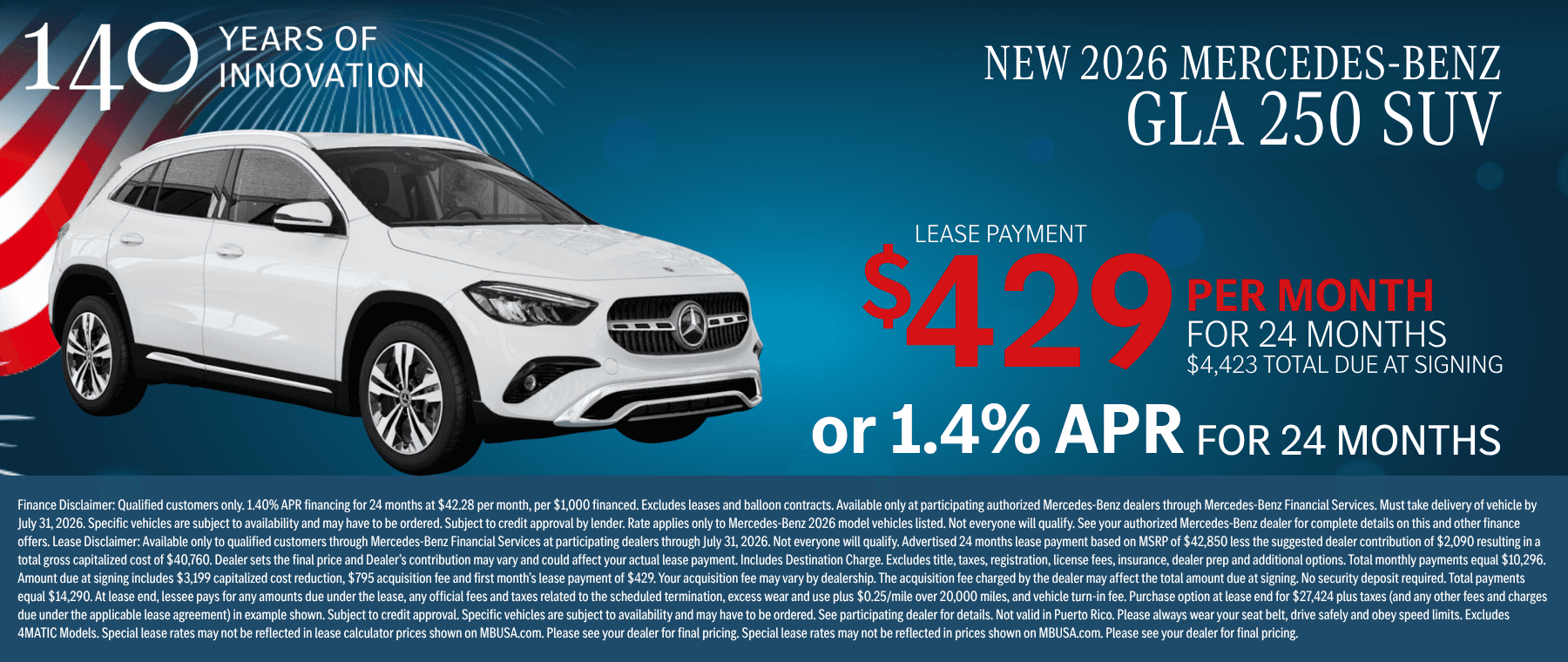 New 2026 Mercedes-Benz GLA 250 SUV lease offer at $429 per month or 1.4% APR for 24 months