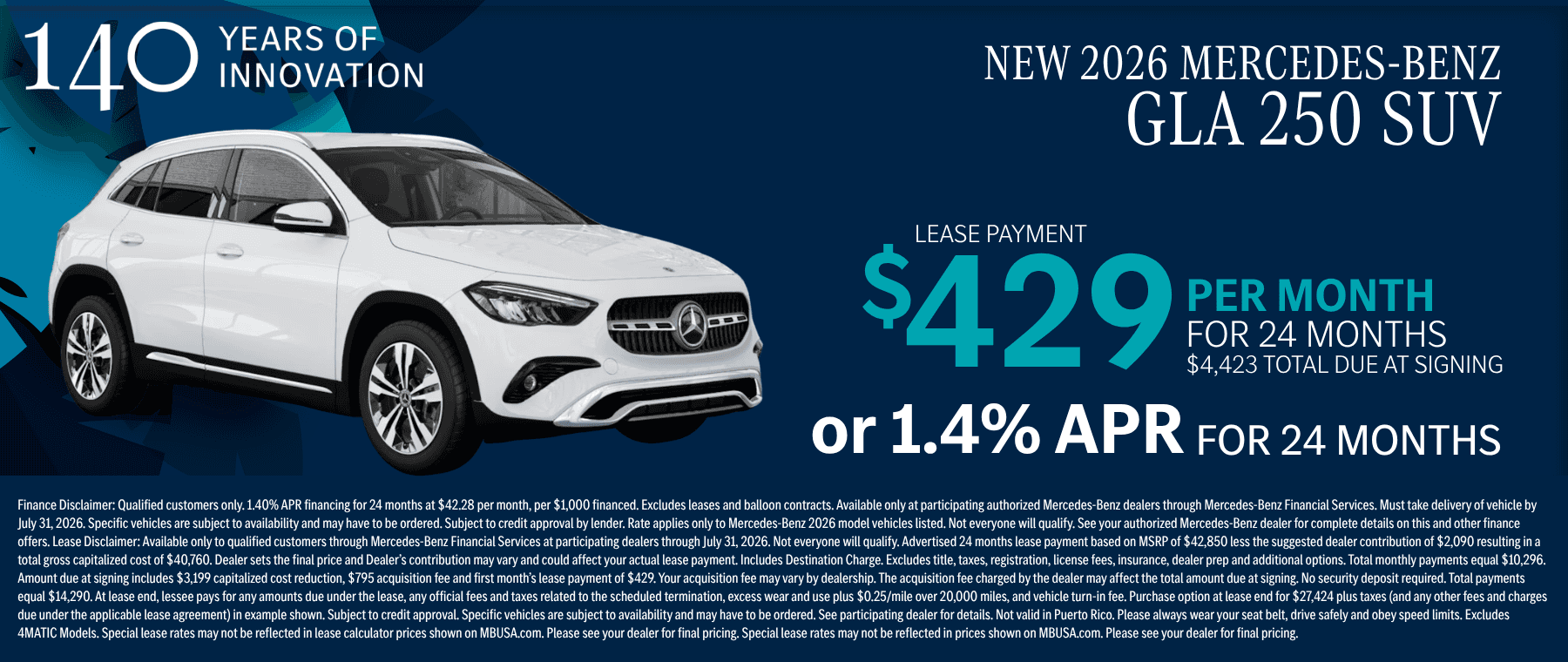 New 2026 Mercedes-Benz GLA 250 SUV lease offer at $429 per month or 1.4% APR for 24 months