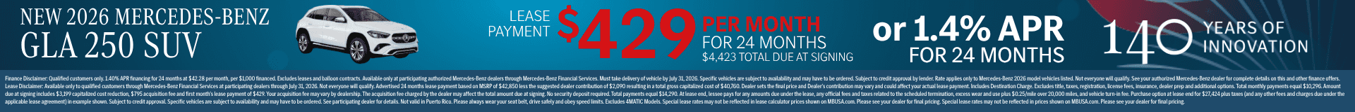 New 2026 Mercedes-Benz GLA 250 SUV lease offer at $429 per month or 1.4% APR for 24 months
