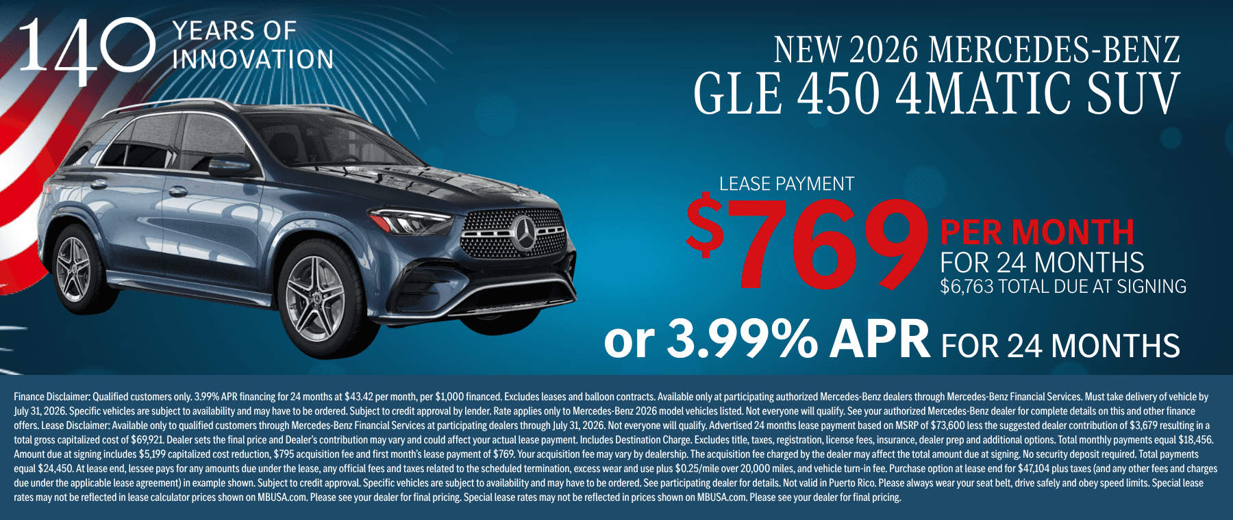 New 2026 Mercedes-Benz GLE 450 SUV lease offer at $769 per month or 3.99% APR for 24 months
