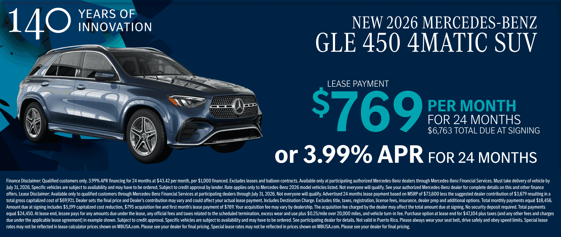 New 2026 Mercedes-Benz GLE 450 SUV lease offer at $769 per month or 3.99% APR for 24 months