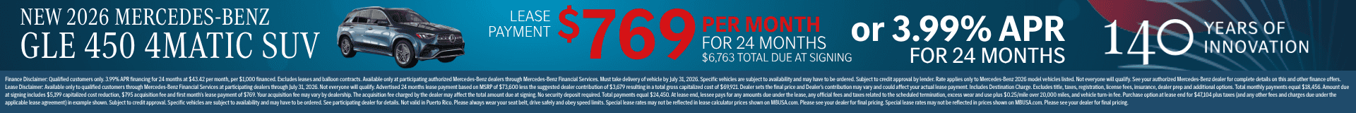 New 2026 Mercedes-Benz GLE 450 SUV lease offer at $769 per month or 3.99% APR for 24 months