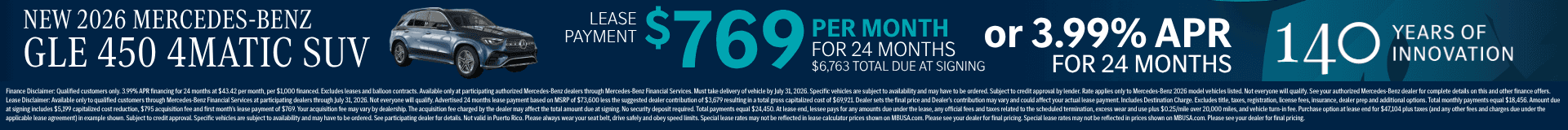 New 2026 Mercedes-Benz GLE 450 SUV lease offer at $769 per month or 3.99% APR for 24 months