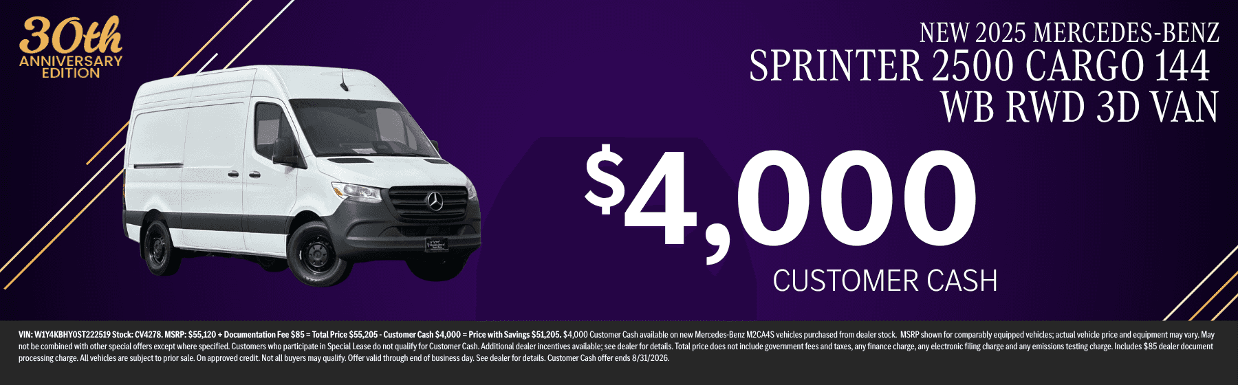 New 2025 Mercedes-Benz Sprinter 2500 Cargo 144 WB RWD Van with $4,000 customer cash